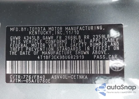 2011 Toyota Camry Le from USA, damaged, VIN 4T1BF3EK9BU682919